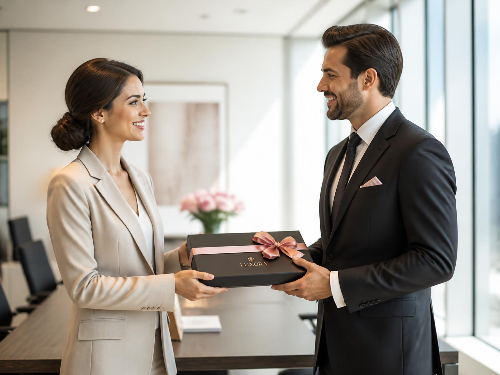 Business professionals exchanging a premium branded corporate gift box in a modern boardroom